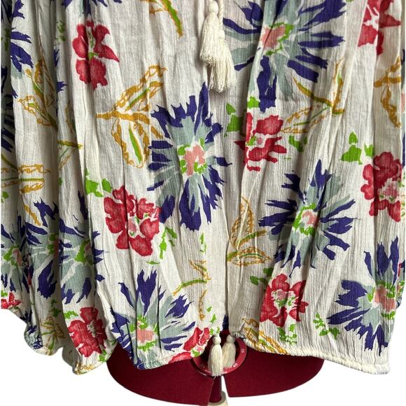 Ralph Lauren Boho Size Large Cotton Blend Safari Floral Print Gaze Tassel Blouse - Picture 4 of 6
